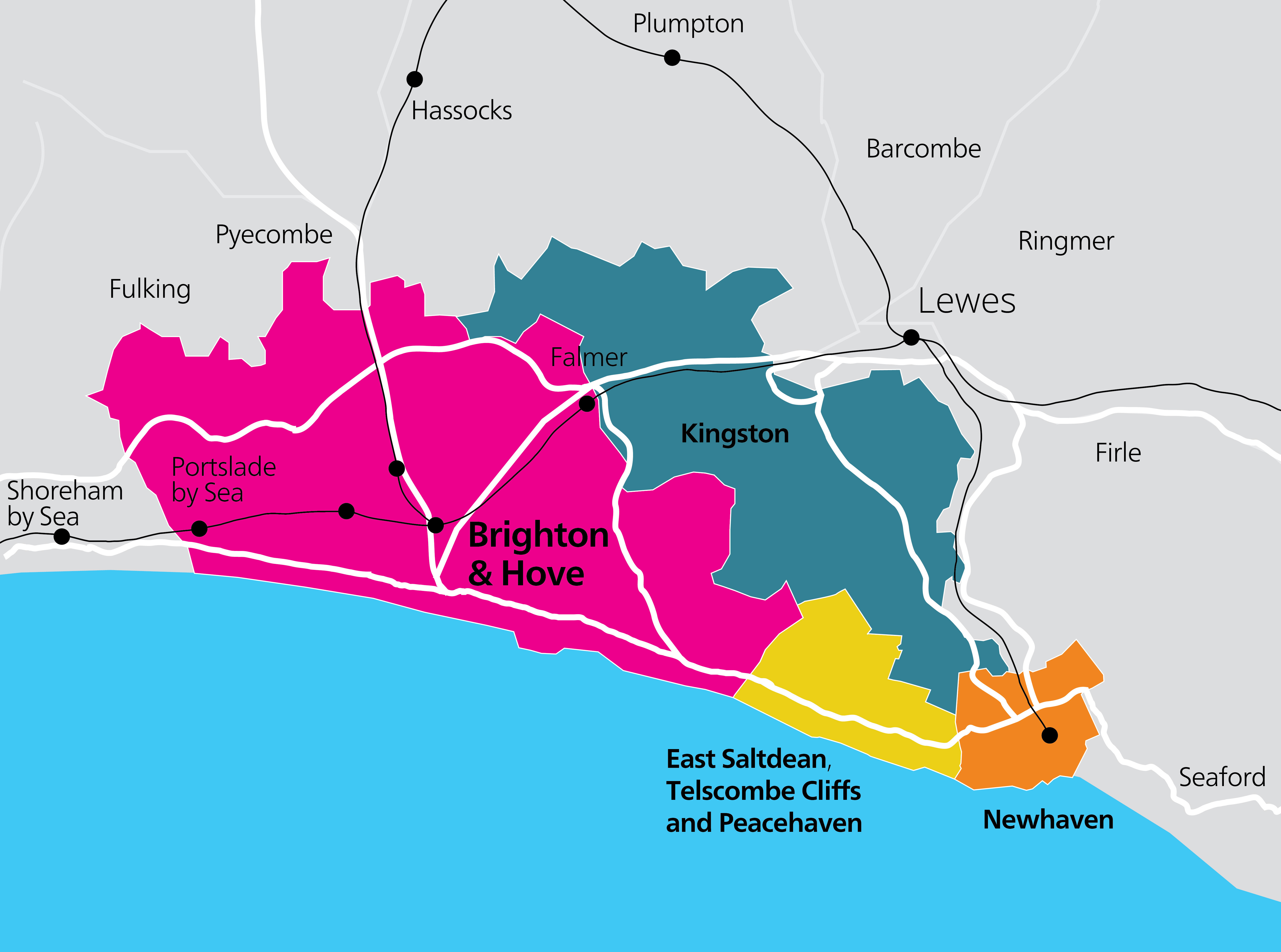 Map showing the boundaries of Brighton & Hove, with an additonal yellow box showing East Saltdean, Telscombe Cliffs, Peacehaven, Newhaven and Kingston included within the boundary.