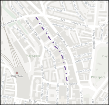 A map showing a dotted line along Elder Place, Providence Place and St Peter’s Street.