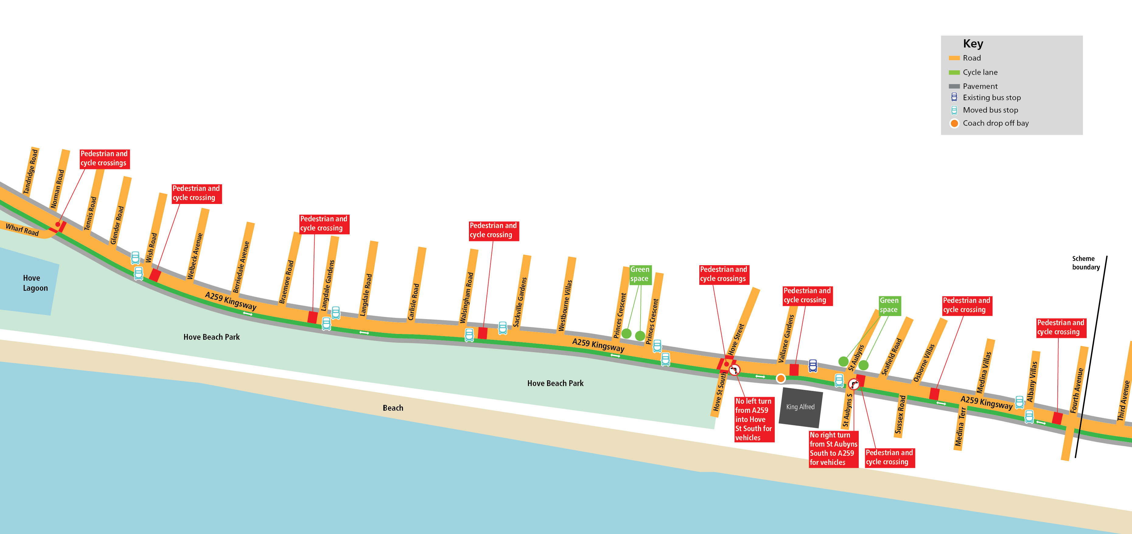 Plans of proposals for A259 Hove to Portslade active travel scheme - Phase 1 Fourth Avenue to Wharf Road.