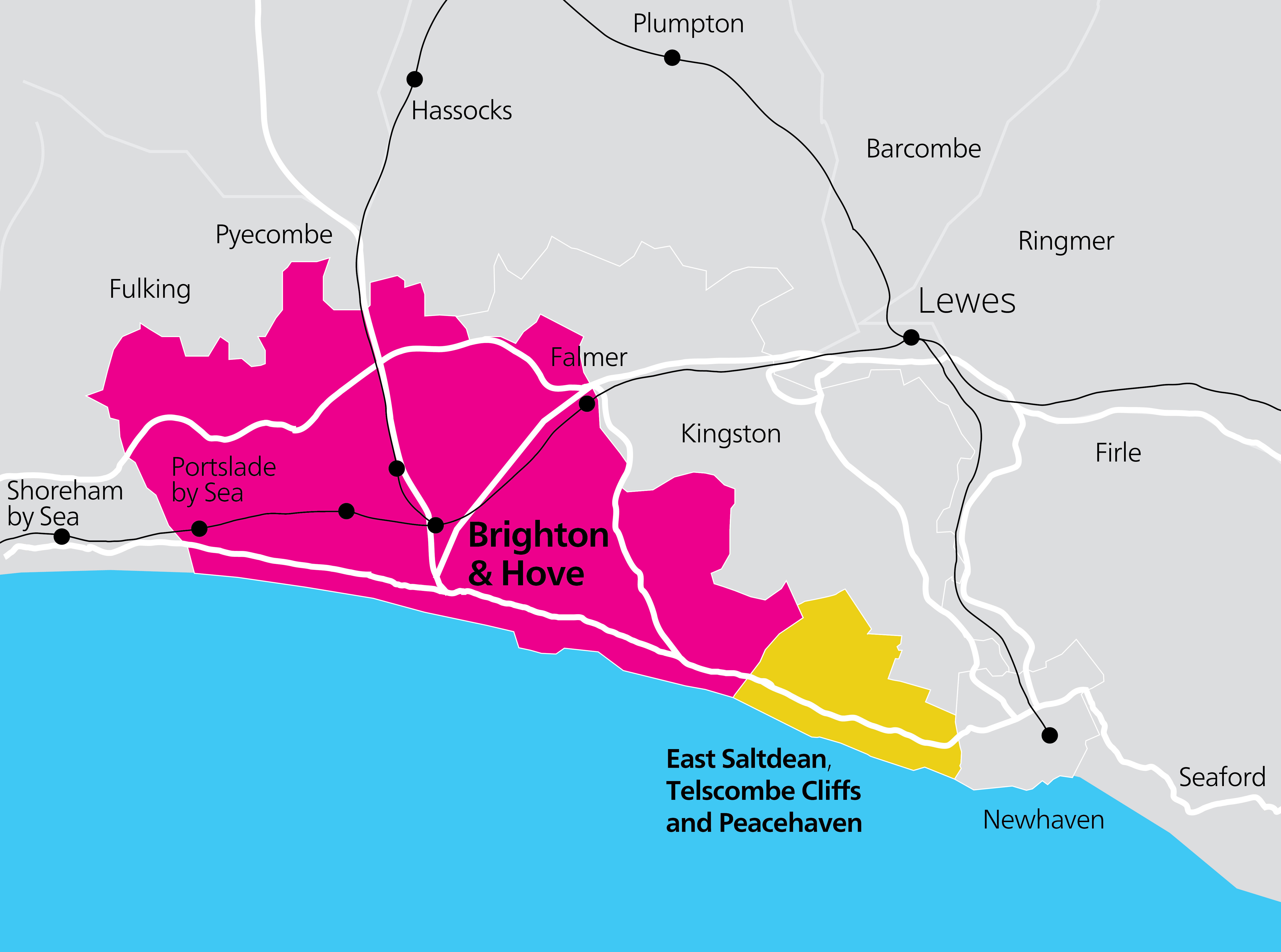 Map showing the boundaries of Brighton & Hove, with an additonal yellow box showing East Saltdean, Telscombe Cliffs and Peacehaven included within the boundary.