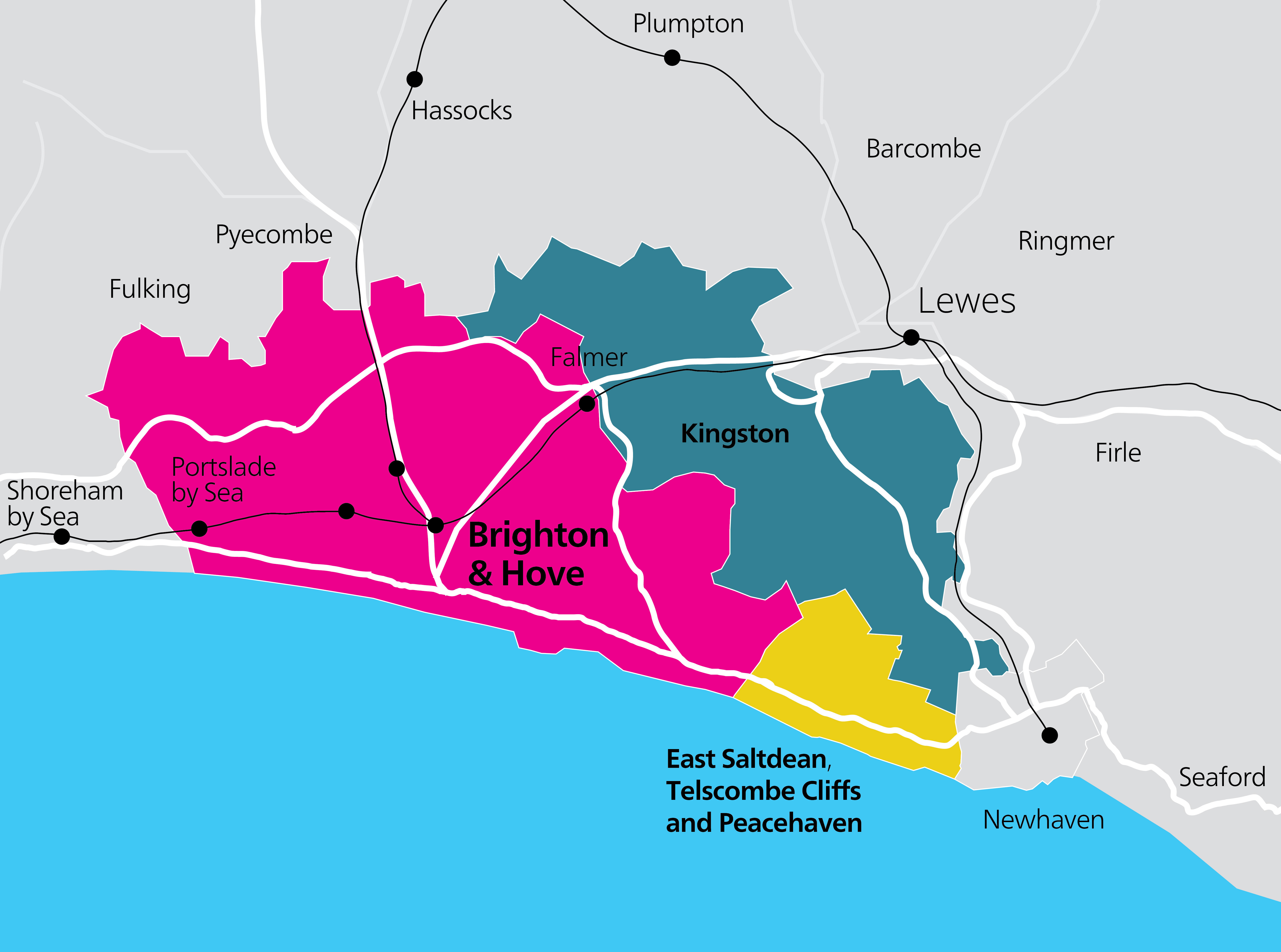 Map showing the boundaries of Brighton & Hove, with an additonal yellow box showing East Saltdean, Telscombe Cliffs, Peacehaven and Kingston included within the boundary.