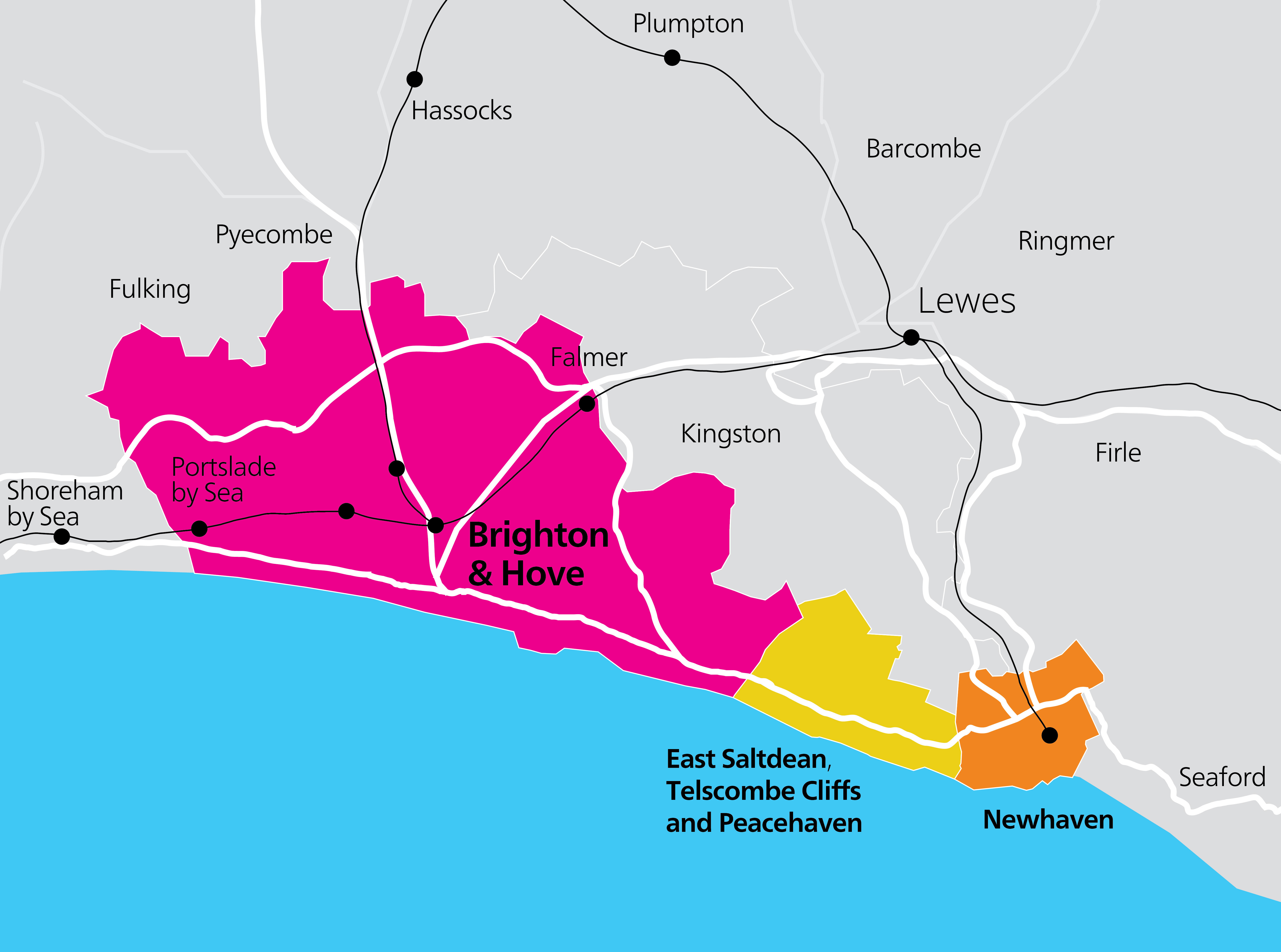 Map showing the boundaries of Brighton & Hove, with an additonal yellow box showing East Saltdean, Telscombe Cliffs, Peacehaven and Newhaven included within the boundary.