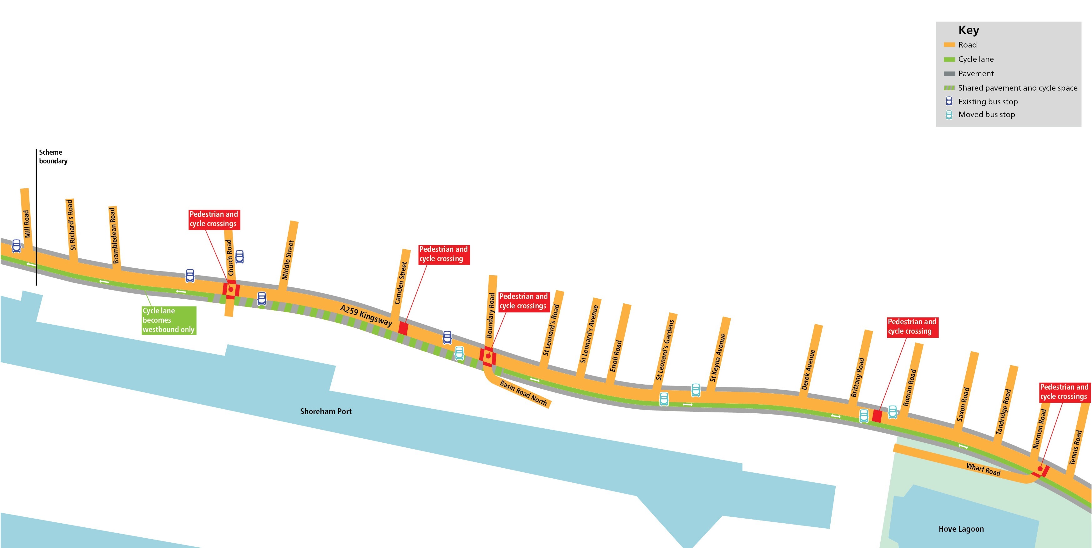 Plans of proposals for A259 Hove to Portslade active travel scheme - Phase 1 Wharf Road to the city's western boundary
