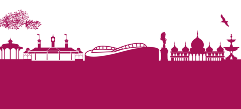 Flat illustrations of Brighton & Hove landmark buildings, including Brighton Pier, the AMEX and seagulls on the South Downs.