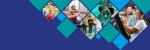 A blue rectangle with coloured diamonds. Five diamond show images. One of a young girl in a soft play. A woman in a fitness class. Three people leaving the gym. A woman under water in a swimming pool. People in a fitness class.