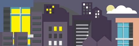 A stylised illustration of a cityscape at dusk, showing buildings of various shapes and sizes with illuminated windows in yellow and white. The sky is dark purple, and a white cloud partially obscures the sun on the right side.