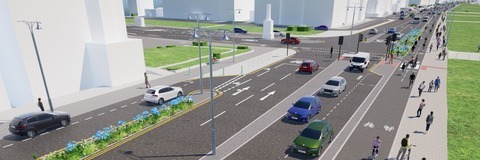 Computer visualisation of the proposed changes at the Grand Avenue junction looking east along Hove Lawns. The image shows the new road layout, including a two-way cycle lane separated from the pedestrian pavement, landscaped sustainable drainage planting areas, and the redesigned signal-controlled junction with vehicles, cyclists and pedestrians using the space.