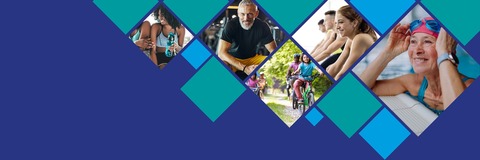 A blue rectangle with coloured diamonds. Five diamond show images. Two women drinking from water bottles. A man in gym clothing. Children on bikes. A woman in a fitness class. A smiling woman on the edge of a pool in a swim hat and goggles. 