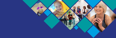 A blue rectangle with coloured diamonds. Five diamond show images. A girl holding a basketball. A young child in a swimming pool. People leaving the gym. Four people talking, towels around their necks. A woman in a fitness class.