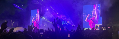 Silhouettes of raised hands at a Raye performing at Pride on the Park.