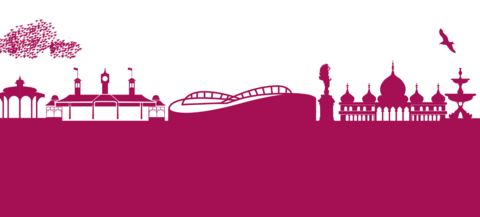 Flat illustrations of Brighton & Hove landmark buildings, including Brighton Pier, the AMEX and seagulls on the South Downs.