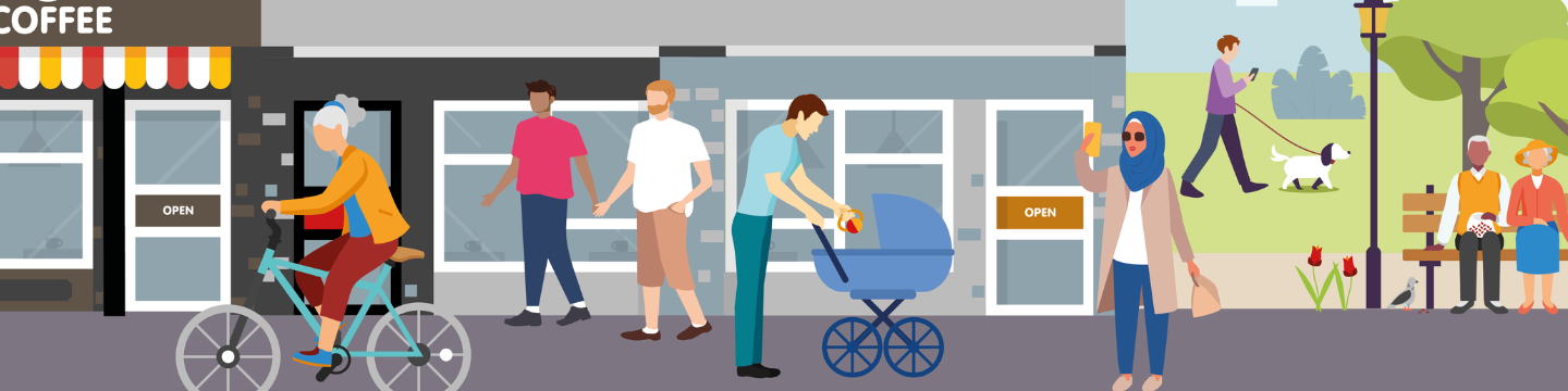 Illustration of a lively street and park scene. On the left, a person rides a bicycle past a coffee shop with a striped awning and an “OPEN” sign on the door. Two people are walking along the sidewalk, and another person is leaning over a blue baby stroller. To the right, a person is holding a drink while walking. In the background, a person is walking a dog in a grassy park area. Further right, two people sit on a bench near a lamppost and flowers, engaged in conversation. The scene is colorful and depicts everyday outdoor activities in a community setting.