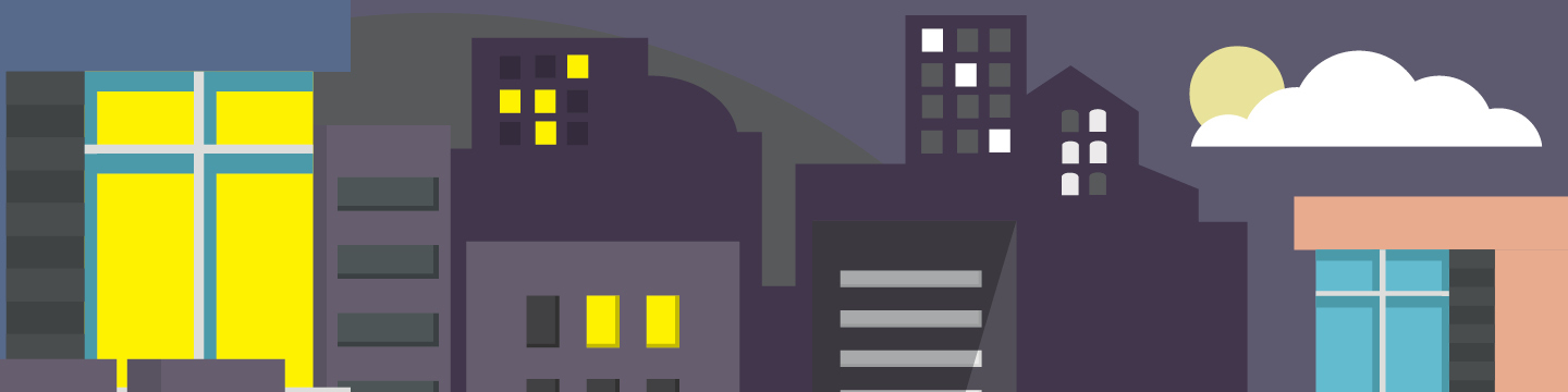 A stylised illustration of a cityscape at dusk, showing buildings of various shapes and sizes with illuminated windows in yellow and white. The sky is dark purple, and a white cloud partially obscures the sun on the right side.