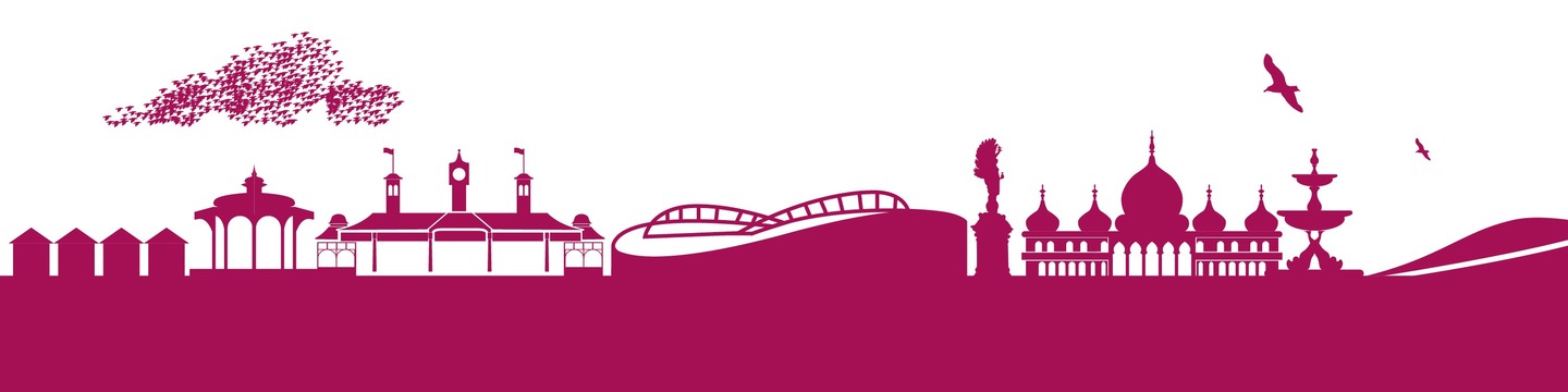 Flat illustrations of iconic Brighton & Hove buildings, including Brighton pier, the AMEX stadium and seagulls on the South Downs.