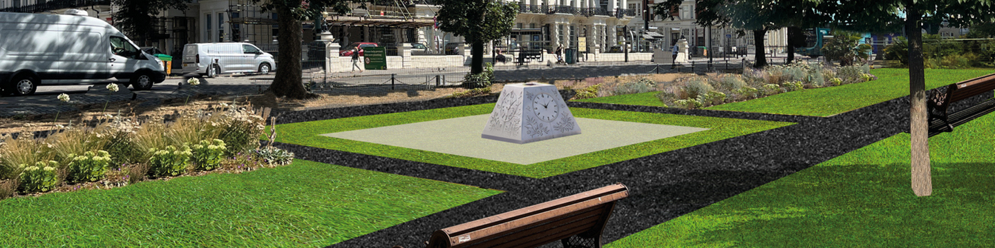 Image shows graphic design visualisation of Palmeria Square. To the left and right of the image shows the new colourful, linear planting beds, and in the centre shows a new sculptural feature which references the form, scale and clock of the original Floral Clock.