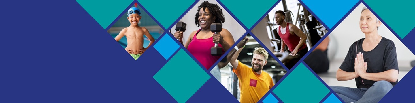 A blue rectangle with coloured diamonds. Five diamond show images. One of a boy in a swimming cap and goggles. A happy woman holding barbells. A man in a yellow shirt in a fitness class. A man using gym machines. A woman in a yoga position.