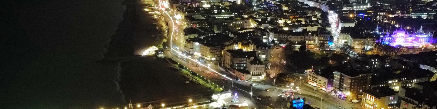Aerial shot of Brighton & Hove seafront at night