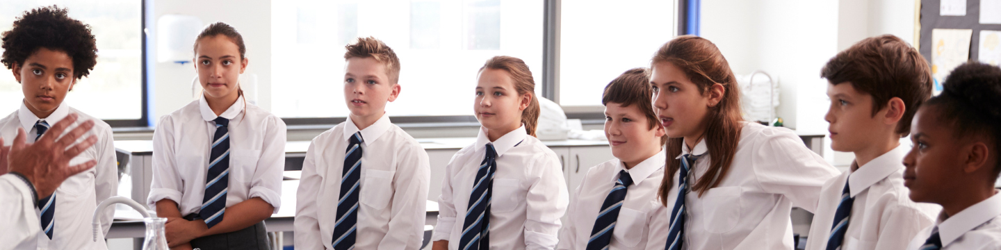 British secondary school children wearing uniforms in a classroom.