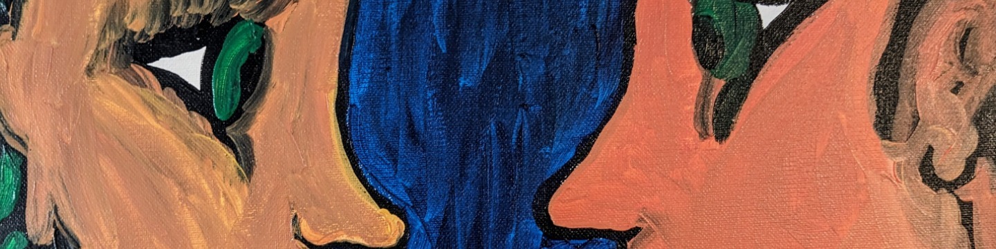 An colourful illustration on two faces looking at each other.