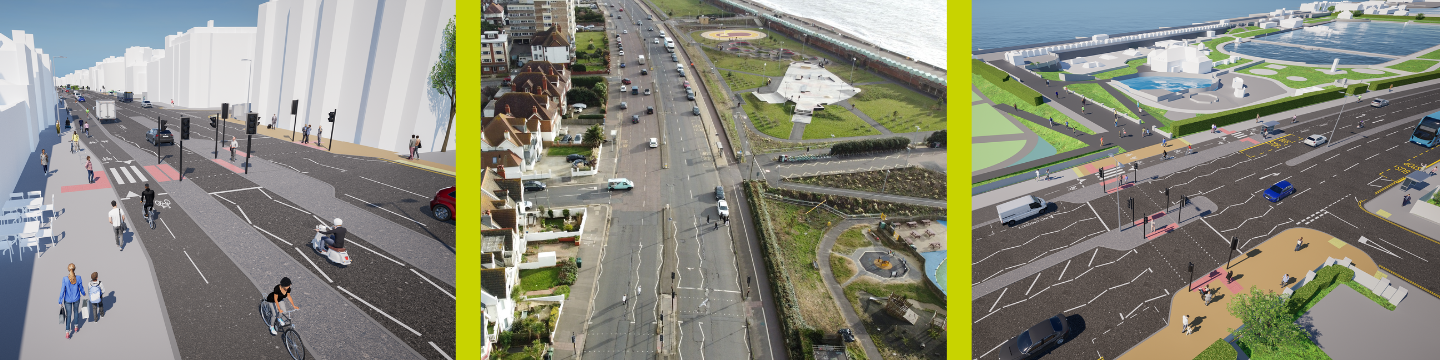 Overhead view of the A259 as it is now and visualisations of scheme after implementation