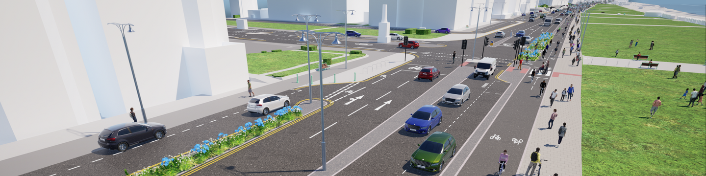 Computer visualisation of the proposed changes at the Grand Avenue junction looking east along Hove Lawns. The image shows the new road layout, including a two-way cycle lane separated from the pedestrian pavement, landscaped sustainable drainage planting areas, and the redesigned signal-controlled junction with vehicles, cyclists and pedestrians using the space.
