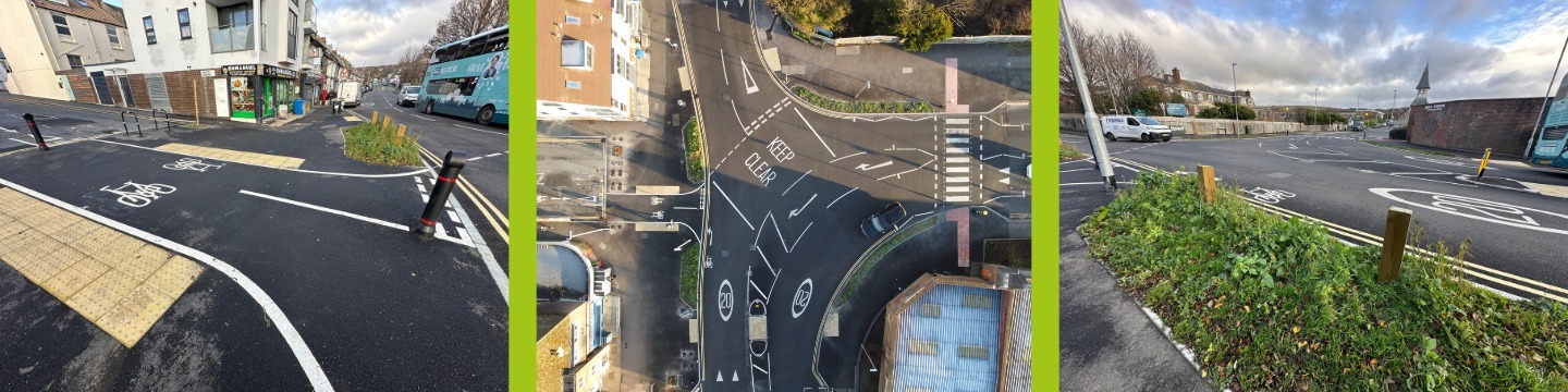A banner of three images, one showing the cycle lane that allows cycle access from Bristol Garden to the Junction, one that shows an aerial view of the junction and one that shows a new verge along the mouth of Bristol Gardens.