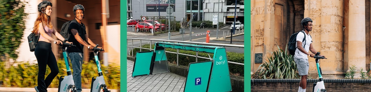Two images of riders on e-scooters and an e-scooter enclosure on a pavement.