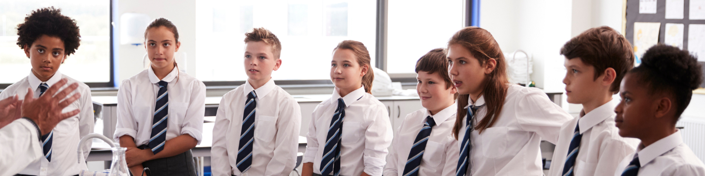 A group of students in school uniforms standing
