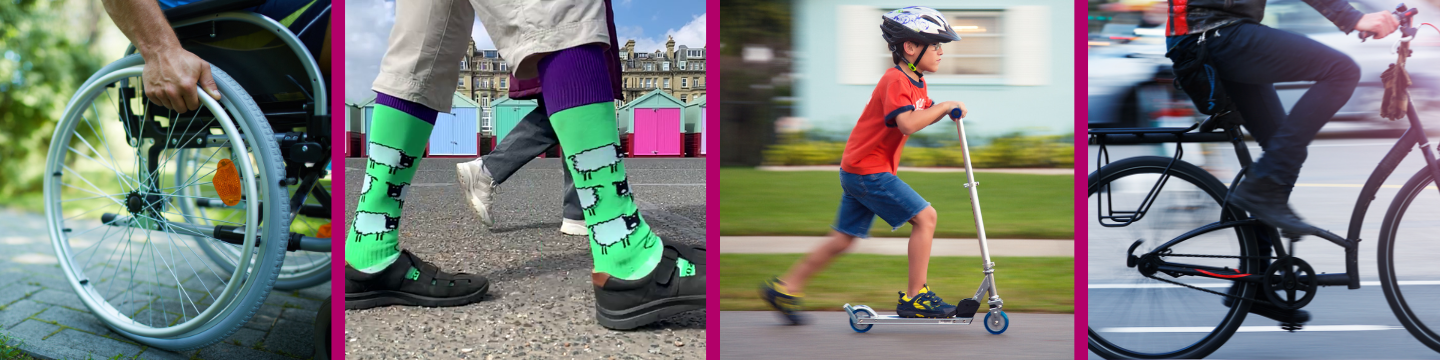 A collage showing people wheeling, walking, cycling and scooting in the city.