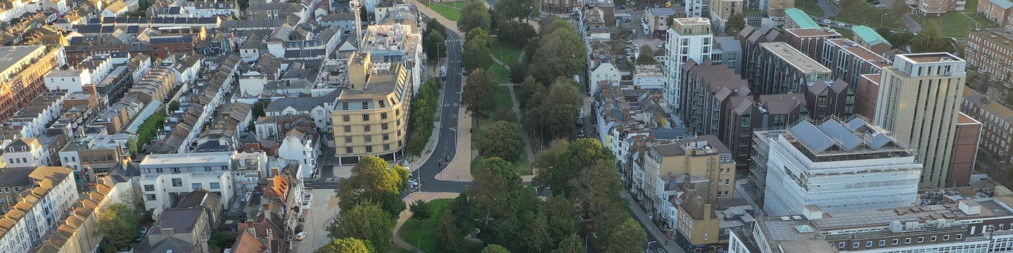 An aerial image of Brighton showing some open space and buildings
