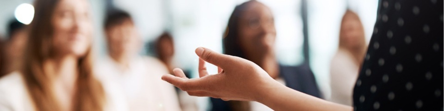 Person presenting to a group of attendees at a public consultation event. 