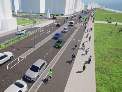 Computer-generated visualisation of a redesigned seafront road corridor. Multiple traffic lanes carry cars and vans, with segregated cycle lanes running alongside the carriageway. Wide pedestrian footways with people walking and cycling extend along the route