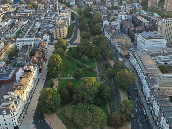An aerial image of Brighton showing some open space and buildings