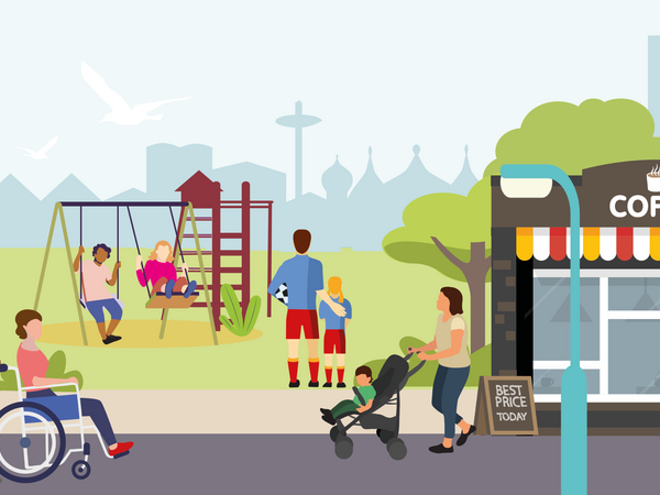 Illustration of a community street scene where people are shown walking, cycling, pushing a stroller, and sitting on a bench near a coffee shop and park, with a city skyline in the background.