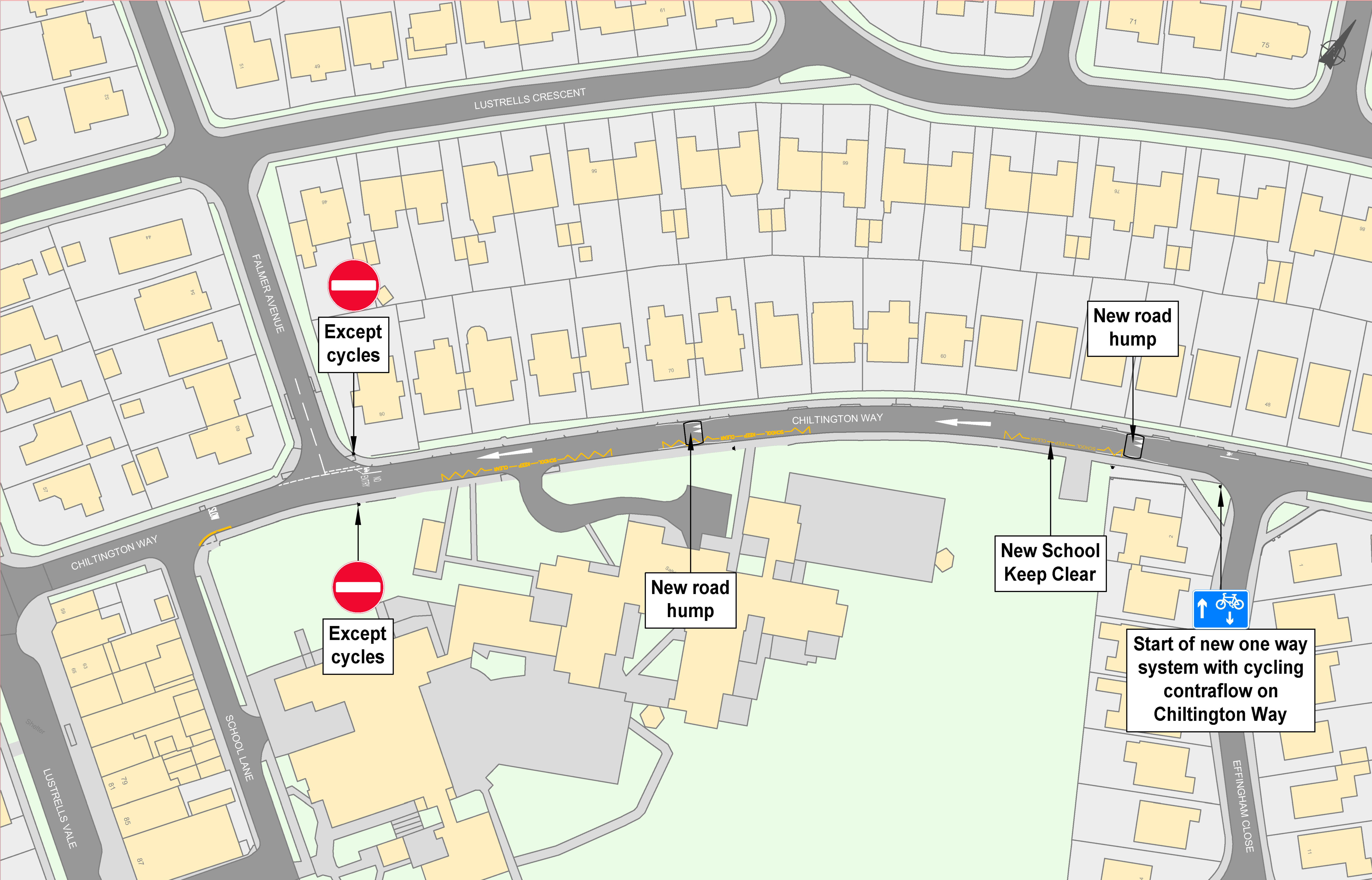 Map showing proposed changes to Chiltington Way. Chiltington way would be converted from two-way traffic to southbound one-way from the junction with Effingham Close to the junction with Falmer Avenue, except for users of pedal cycles who will still have two-way access. A new School Keep Clear would be added outside the emergency vehicle gate outside of Saltdean Primary’s field near Effingham Close. Two road humps would be added between Effingham Close and Falmer Avenue