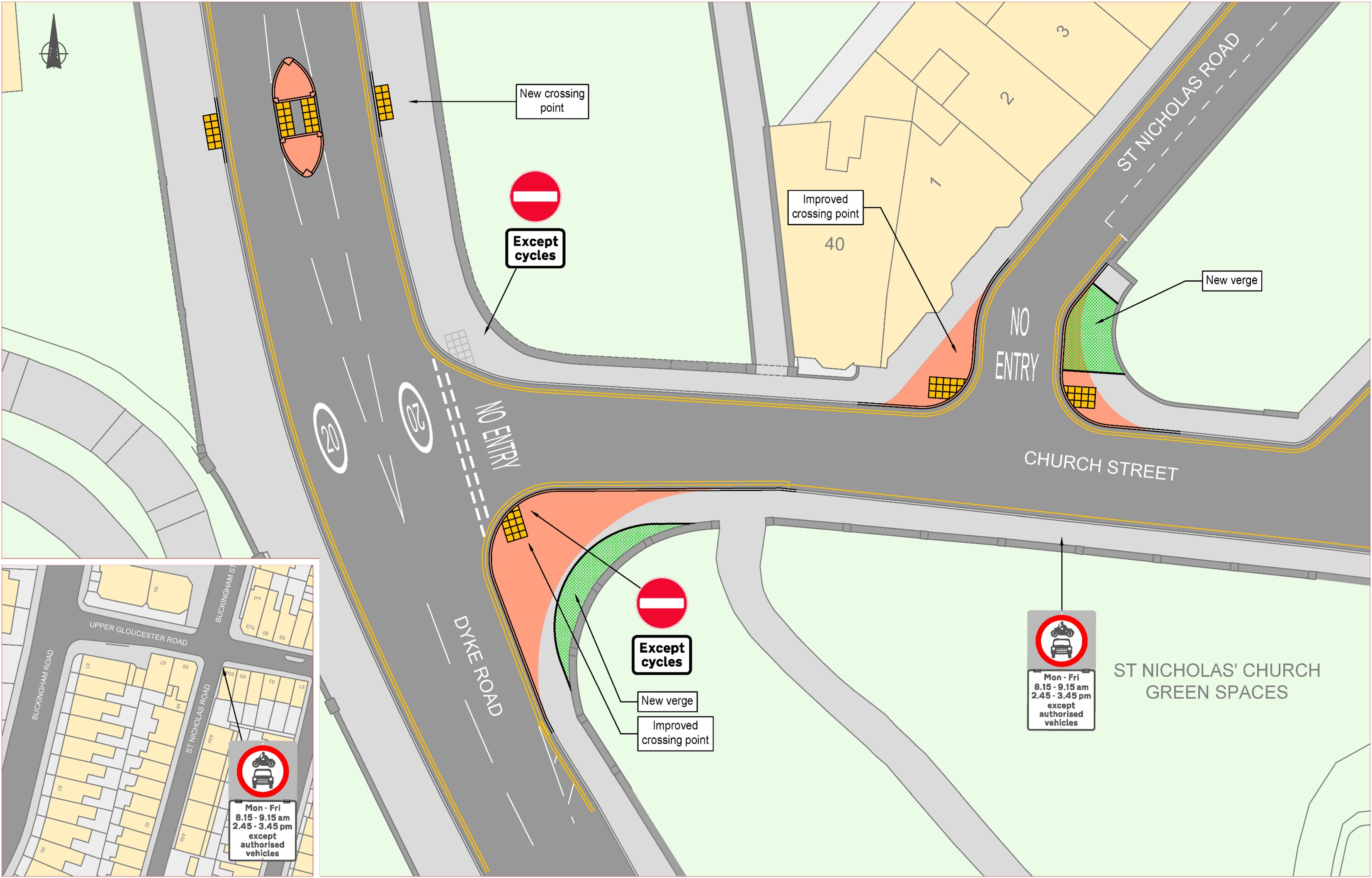 The image shows a map of St Paul's School.  A pedestrian island crossing will be added on Dyke Road.  Church Street will be made no entry to motor vehicles from Dyke Road to increase safety for pedestrians.  The pavement, where Church Street meets Dyke Road, will be widened to increase safety for pedestrians.  The pavements, where St Nicholas Road meets Church Street, will be widened to provide more room for pedestrians.  A new grass verge will be installed on the widened pavement on St Nicholas Road to increase biodiversity.  Unauthorised motor vehicles will be restricted from entering St Nicholas Road from Upper Gloucester Road between 8.15 to 9.15am and 2.45pm to 3.45pm on weekdays during term time.    