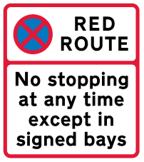 A rectangular road sign with a blue circle and red cross symbol indicating "No stopping." The sign reads: "RED ROUTE – No stopping at any time except in signed bays.