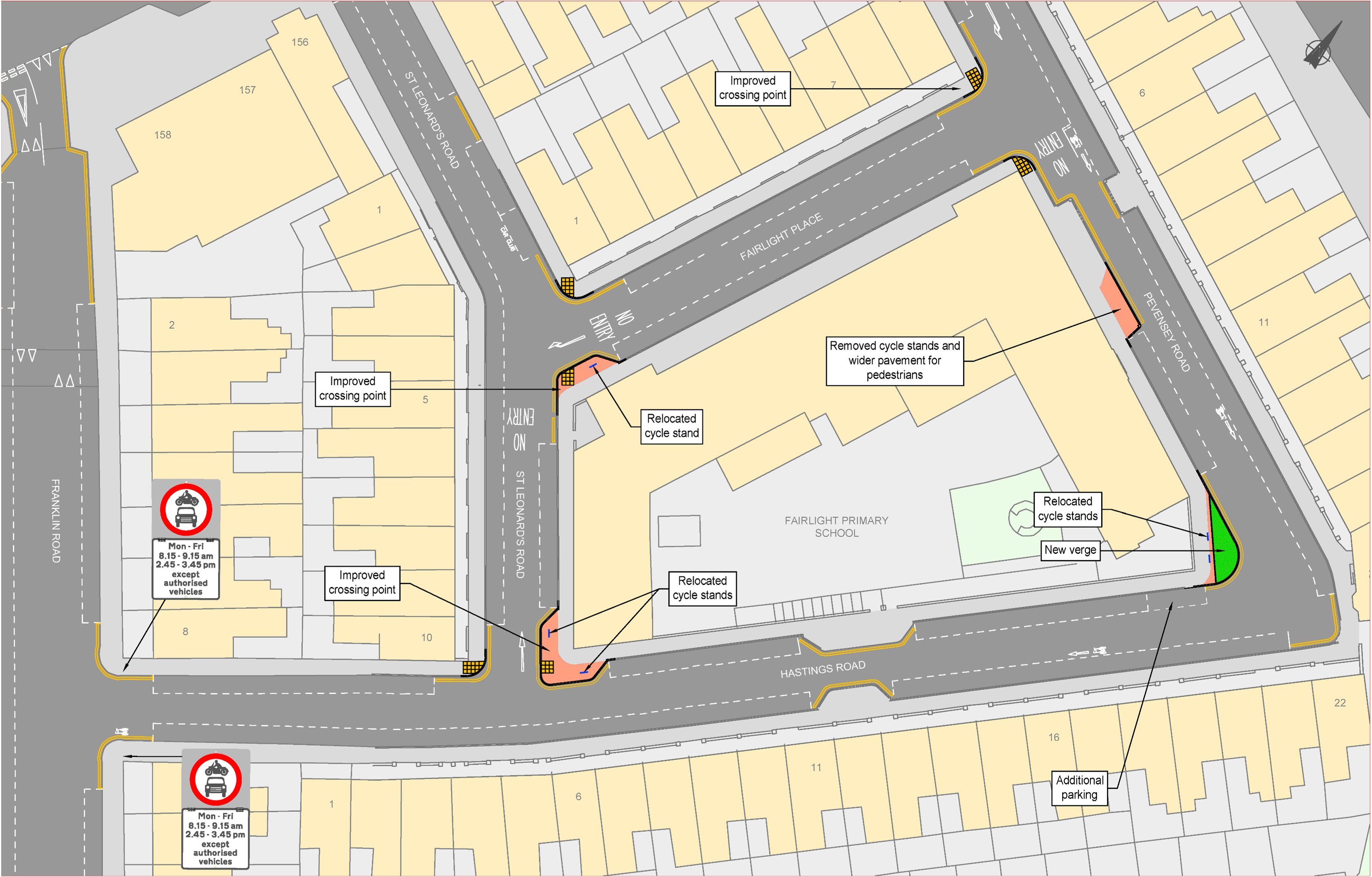The image shows a map of Fairlight Primary School and surrounding streets. One additional parking bay will be added on Hastings Road. The pavement outside the nursery entrance on Pevensey Road will be widened and the existing cycle stands will be relocated around the school site. Pavements on each corner of Fairlight Primary school will be widened to improve crossing for pedestrians. At the entrance to Hastings Road, there are signs showing cars without exemptions will not be allowed to enter during 8.15am-9.15am and 2.45pm-3.45pm weekdays during term time. A grass verge will be placed on the corner of Hastings Road and Pevensey Road.