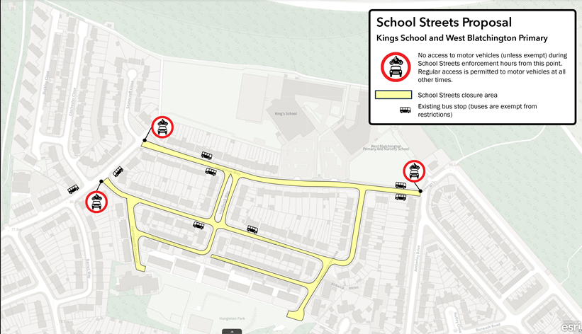 A landscape-orientated map titled “School Streets Proposal – Kings School and West Blatchington Primary” showing a proposed School Streets traffic restriction area around the schools. The map uses a muted grey and white base map with roads and buildings lightly shaded, while the proposed restricted roads are highlighted in pale yellow.

In the top-right corner is a legend inside a bordered white box. The legend explains that roads highlighted in yellow represent the “School Streets closure area.” A red circular road sign icon with a car and motorcycle symbol indicates “No access to motor vehicles (unless exempt) during School Streets enforcement hours from this point. Regular access is permitted to motor vehicles at all other times.” A black bus icon indicates that existing bus stops and buses are exempt from restrictions.

The highlighted closure area forms a connected loop of residential streets surrounding the schools. The main highlighted road runs horizontally across the upper-middle part of the map from left to right, with several connecting residential streets branching downward and curving around the neighbourhood. Additional yellow-highlighted side streets extend southward and loop back eastwards, forming an enclosed network of restricted roads.

Three restriction entry points are marked with large red circular vehicle restriction signs:

One at the western entrance to the area on the left side of the map.
One at the northern entrance near the top-centre of the map.
One at the eastern entrance on the right side of the map.

Black bus icons appear at multiple points along the highlighted roads, indicating bus routes or exempt bus access through the restriction area.

Large school buildings are visible near the top-centre of the map, labelled “King’s School” and “West Blatchington Primary School.” Residential housing blocks surround the highlighted roads. A green wooded or park area spans the top edge of the map, while “Hangleton Park” is faintly labelled near the bottom-centre.

The overall purpose of the map is to illustrate the extent of proposed timed vehicle access restrictions around the schools and identify the points where motor vehicle restrictions would begin.